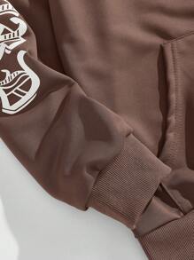 Manfinity Roghcode Men's Letter Print Raglan Sleeve Zip Front Hoodie Sweatshirt - Brown - View 4