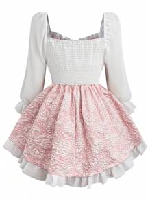 Sweetra Color Blocking Elegant Romantic Long Sleeve Chiffon Dress - Pink - View 2