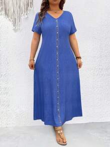Breezaya Plus Size Women's Summer Denim Effect V-Neck Short Sleeve Casual T-Shirt Dress Maxi Women Outfit