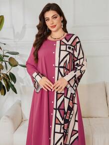 Lacomfia Robe imprimée géométrique à patchwork à manches longues pour grandes tailles