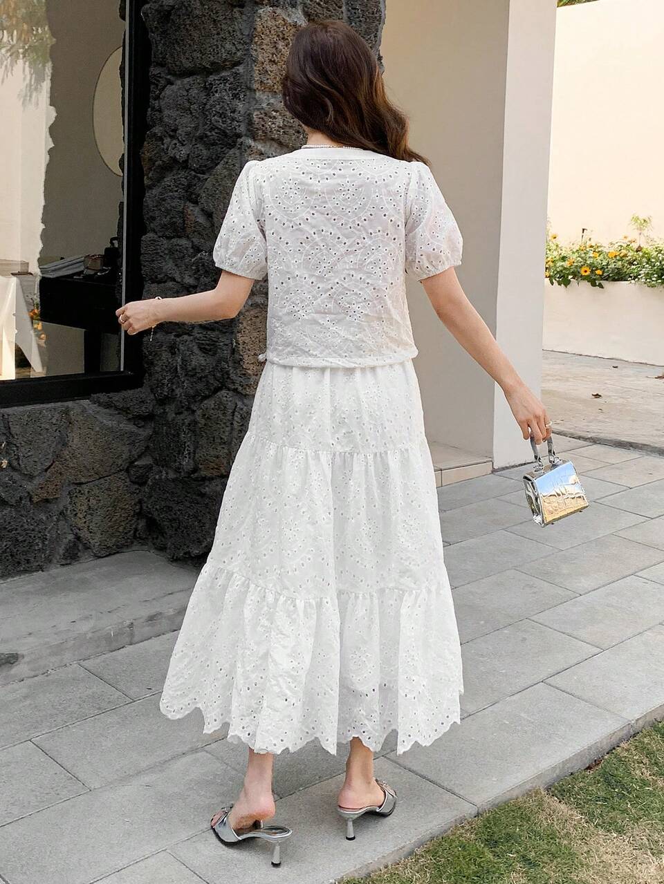 Women 2 Pieces Set: Hollow-Out Embroidered Round Neck Puff Sleeve Blouse & Skirt Lounge Sets For Women Short Sets For Women