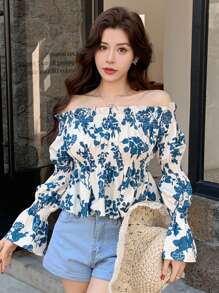 DAZY Blouse met off-shoulder bloemenprint en ruches voor dames