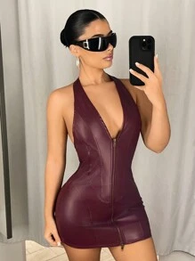 SHEIN ICON Deep V-Neck Halter Double Zipper Bodycon Mini PU Dress - Burgundy - View 2