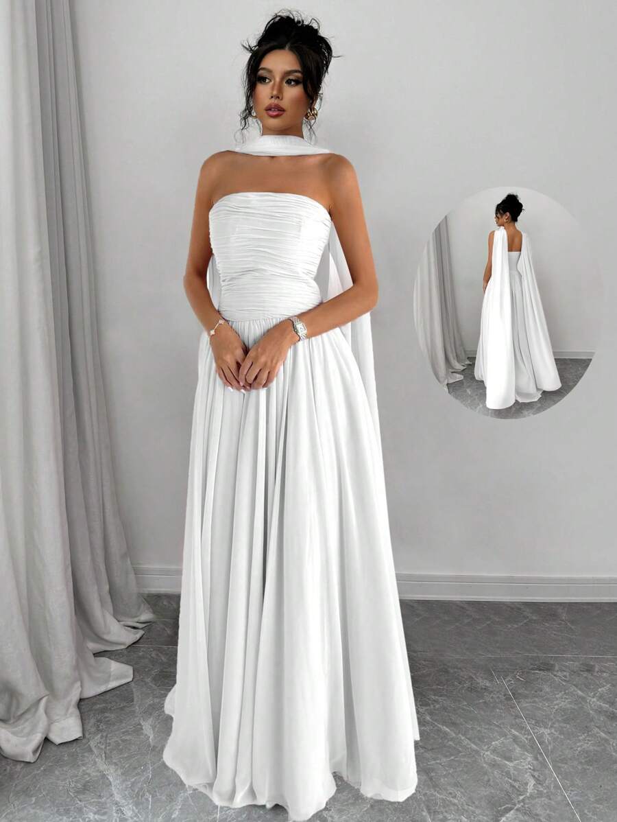 Elenzga 1 件女式纯色吊带连衣裙，带褶饰细节，优雅无袖长裙长款女装 - 白色 - 查看 1