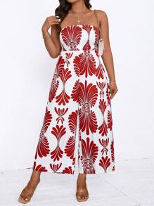 SHEIN Clasi Plus Size Boho Bandeau Printed Casual Loose Jumpsuit, Everyday Wear, For Summer - Red - View 3