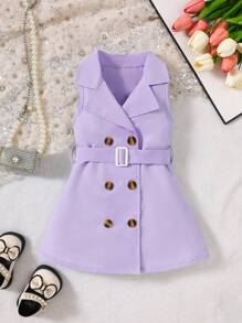 SHEIN 女婴纯色翻领无袖双排扣连衣裙 - 紫色 - 查看 1