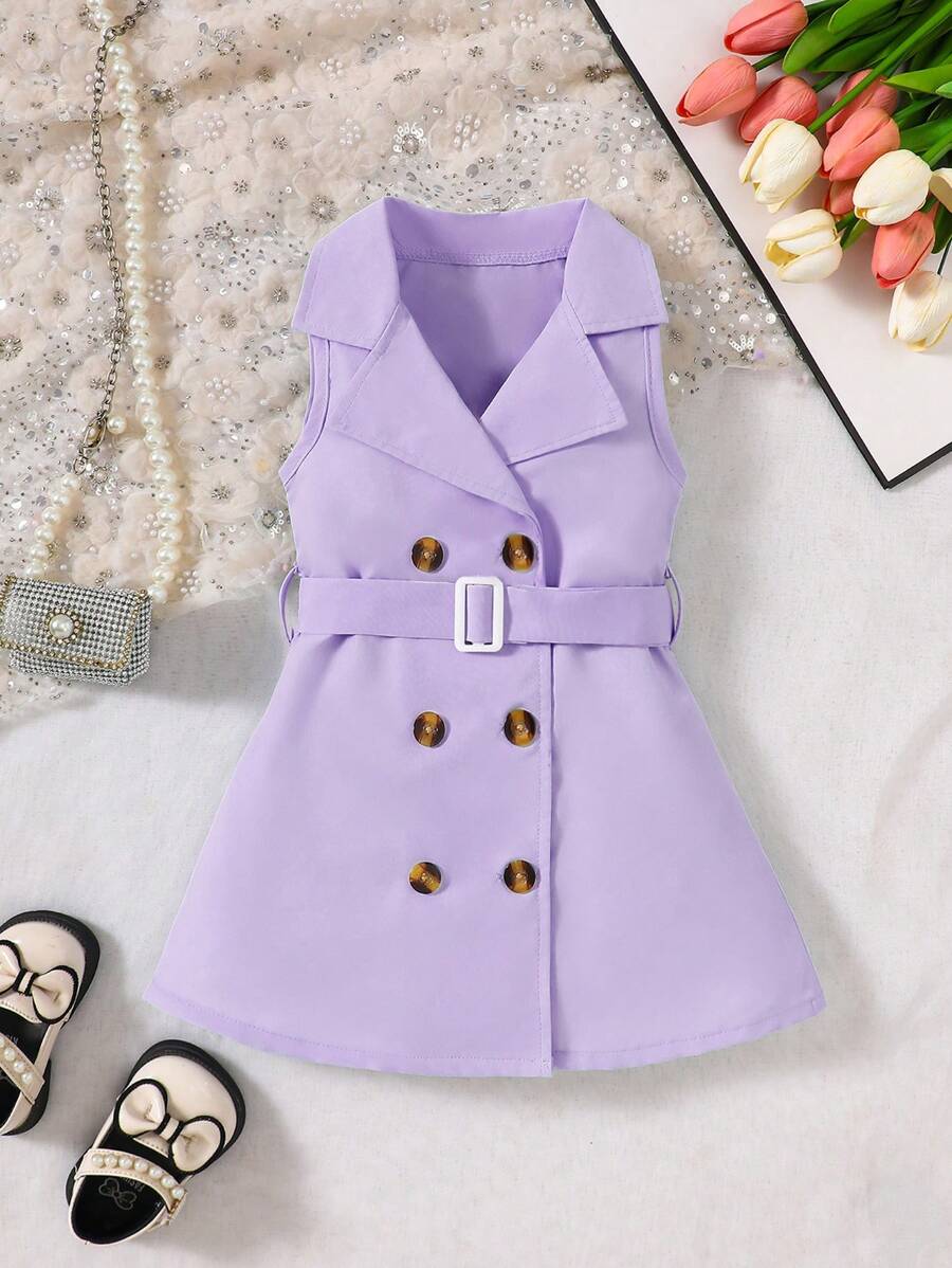 SHEIN 女婴纯色翻领无袖双排扣连衣裙 - 紫色 - 查看 1