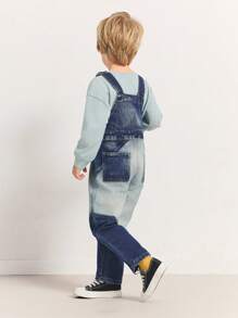 SHEIN Body y mono de mezclilla azul, blanca y naranja con patrón bordado y diseño de parchwork casual para niños pequeños - Azul - Ver 7