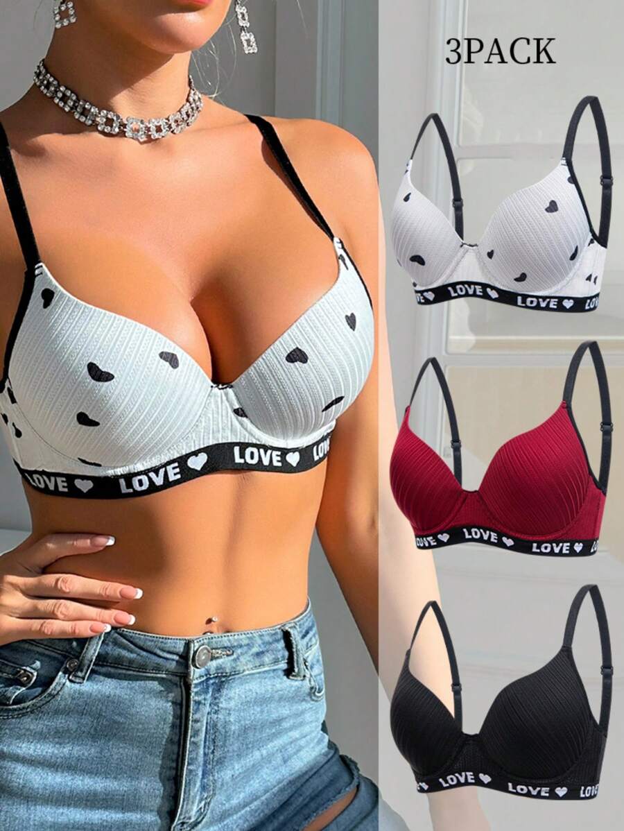 3pcs/Set Heart Striped Wireless Bras, Minimalist Fashion Casual Daily Wear - Multicolor - View 1