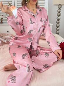 Valentine's Day Heart Cat Pattern Satin Lapel Women Pink Pajama Set - Multicolor - View 1
