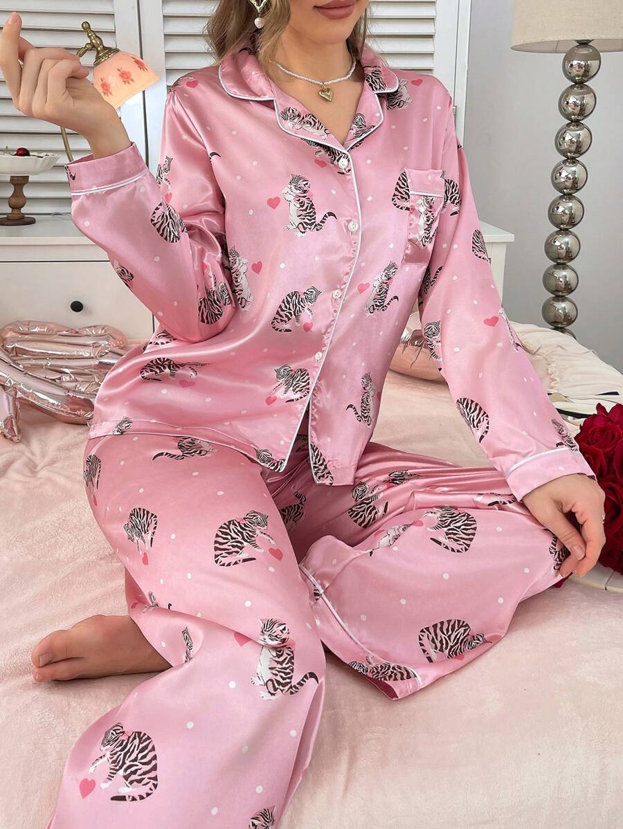 Valentine's Day Heart Cat Pattern Satin Lapel Women Pink Pajama Set - Multicolor - View 1