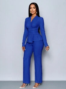 SOLERSUN Women's Apricot Color Elegant V Neck Long Sleeve T-Shirt And Wide Leg Pants Two Piece Set,Asymmetrical Hem Two-Piece Outfits,Casual Daily Wear,Winter Clothes For Women Fall Cloth For Women - Royal Blue - View 6