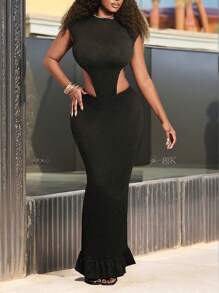 1 set BamGleam pour femme, combinaison sans manches de couleur unie + jupe sirène à volants taille basse, tenue de fête pour les vacances et le Nouvel An - Noir - Voir 7
