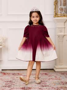 SHEIN 1pc Young Girls Woven Wine Red Round Neck Beaded Puff Sleeve Ruched Gradient Digital Print Dress With Invisible Zipper, Elegant Suitable For Party, Summer