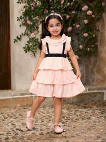 SHEIN Vestido de tul de estilo elegante y dulce con cuello de encaje y moño en color rosa claro, de múltiples capas, para niña, atuendo diario de primavera/verano, conjunto a juego de hermanos (2 piezas se venden por separado) - Rosa Pálido - Ver 3