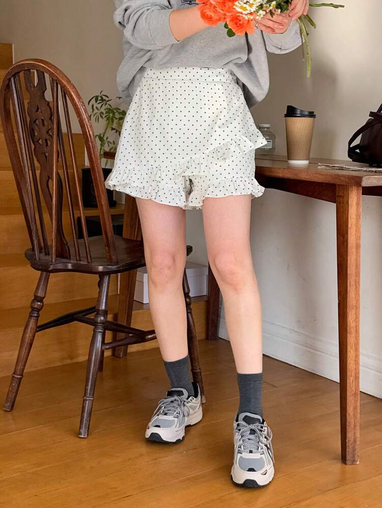 Women's Polka Dot Ruffle Hem Loose Casual Shorts