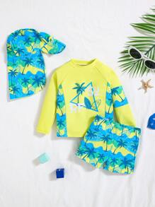 SHEIN Bộ đồ bơi 3 món in hình cây dừa thường ngày cho bé trai/bé gái quần short dài tay + mũ chống nắng, thích hợp cho kỳ nghỉ xuân/hè, đi chơi, du lịch, bãi biển, hồ bơi, tiệc tùng - màu xanh lá - Xem 4