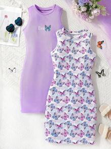 Sparklyn 2pcs Tween Girl' Butterfly Pattern Contrasting Ribbed Bodycon Sleeveless Casual Street Chic Dress, Summer Summer Holiday - Multicolor - View 1