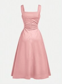 SHEIN Girlism Teen Girl Solid Color Square Neck Ruched Waist Casual Elegant Strap Pink Dress - Pink - View 2