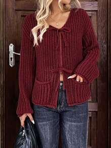 SHEIN LUNE Áo len cardigan cài nút màu trơn cho nữ, Xuân/Hè - Màu Đỏ Sâu - Xem 2