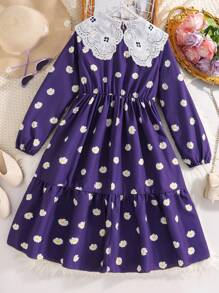 1 件 Tween Girl 蕾丝彼得潘领雏菊花卉印花长袖休闲度假连衣裙，春夏 - 彩色 - 查看 2