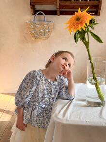 LMoss Kids LMoss  Young Girls' Ditsy Floral Round Neck Puff Sleeve Fitted Casual Blouse,Suitable For Spring And Summer - Multicolor - View 3