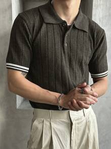 DAZY Men's Half-Open Collar Ribbed Contrast Color Knitted Sweater, Summer Business Attire - Dark Grey - View 5