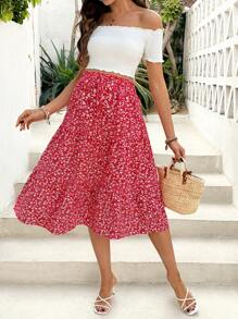 SHEIN Maternity Flowery Print Layered Ruffle Elastic Waist Skirt, Suitable For Vacation - Red - View 4
