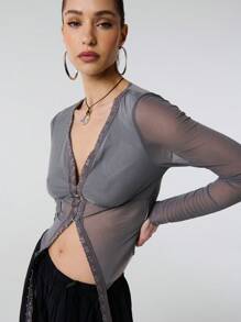 SHEIN Unity TypaGal Women's Solid Color Long Sleeve V-Neck Tie Front Blouse Y2K Clothes,Valentines Outfit