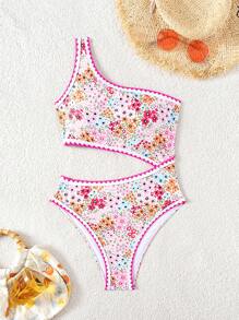 SHEIN Swim Women Sexy Ditsy Floral One Shoulder Cut Out Waist One-Piece Swimsuit, For Summer Beach Vacation