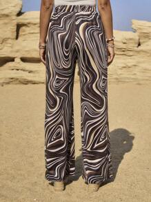LanaWest Women's Elastic Waist Marble Print Straight Leg Casual Pants