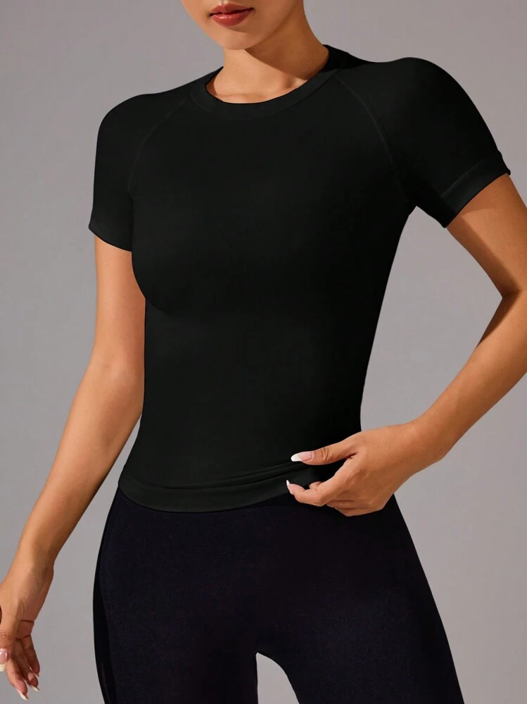 Eassivo Eassivo Casual Solid Color Seamless Short Sleeve Sport T-Shirt Compression Shirt Fitted Shirt Gym Women Shirts - Black - View 5