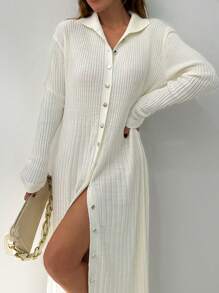 EURMUSE Casual Polo Neck Metallic Button Down Rib Knit Ruffle Hem Maxi Knitted Pure White Dress - White - View 2