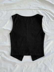 Soleia Women's Round Neck Casual Solid Color Bowknot Split Back Tank Top - Black - View 2