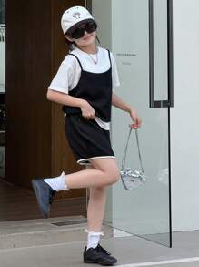 DAZY Tween Girl Contrast Color 2 In 1 Short Sleeve Top And Shorts Casual Set - Black and White - View 3