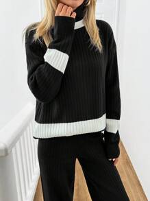 SHEIN Cottnline 2pcs/Set Women Crew Neck Color Block Detail Sweater And Casual Pants Set - Grey - View 3