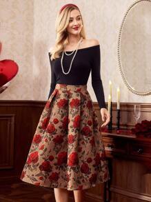 Vintamour 复古优雅女式提花印花宽松喇叭裙，红色情人节情人服装夏季女士服装 - 紅色 - 查看 6