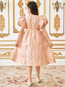 SHEIN Đầm midi tay bồng họa tiết hoa jacquard thanh lịch giản dị cho bé gái tuổi mới lớn có thắt nơ cỡ lớn - Hồng - Xem 3