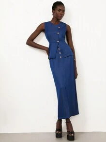 Femmeiva Elegant Retro Blue Denim Effect Waist Cinched Asymmetric Collar Bodycon Maxi Dress 2 Pieces Set For Women - Dark Wash - View 5