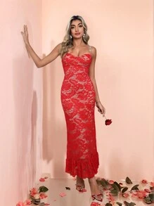 Zolique Glamine Elegant Romantic Pearl Strap Ruffle Hem Fashionable Bow Mesh Lace-Like Stretchy Sleeveless Midi Dress For Women Valentine's Day - Red - View 1