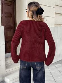 SHEIN LUNE Áo len cardigan cài nút màu trơn cho nữ, Xuân/Hè - Màu Đỏ Sâu - Xem 6