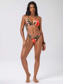 Swim EVENT 2pcs Set Women Leopard & Floral Print Bikini Set, For Summer Beach Vacation - Red - View 7