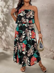 Breezaya Plus Size Ruffled Halter Dress With Large Floral Print, Vacation Style - Multicolor - View 1