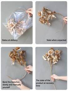 1pc/2pcs/3pcs 60cm Plastic Gold Plated Artificial Branched Rose Flower, Fake Flower