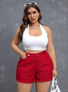 SHEIN Essnce Plus Size Denim Shorts, Casual & Fashionable For Everyday Wear - Red - View 4