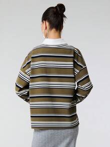 SHEIN Unity 撞色POLO领针织条纹落肩宽松T恤 - 綠色 - 查看 2