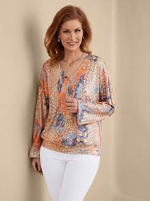 EMERY ROSE 女士印花V领宽松休闲卫衣，长袖套头衫，秋季卫衣 - 彩色 - 查看 3