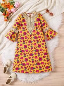 Young Girl Ditsy Floral Flare Sleeve Vacation Casual Dress - Yellow - View 3