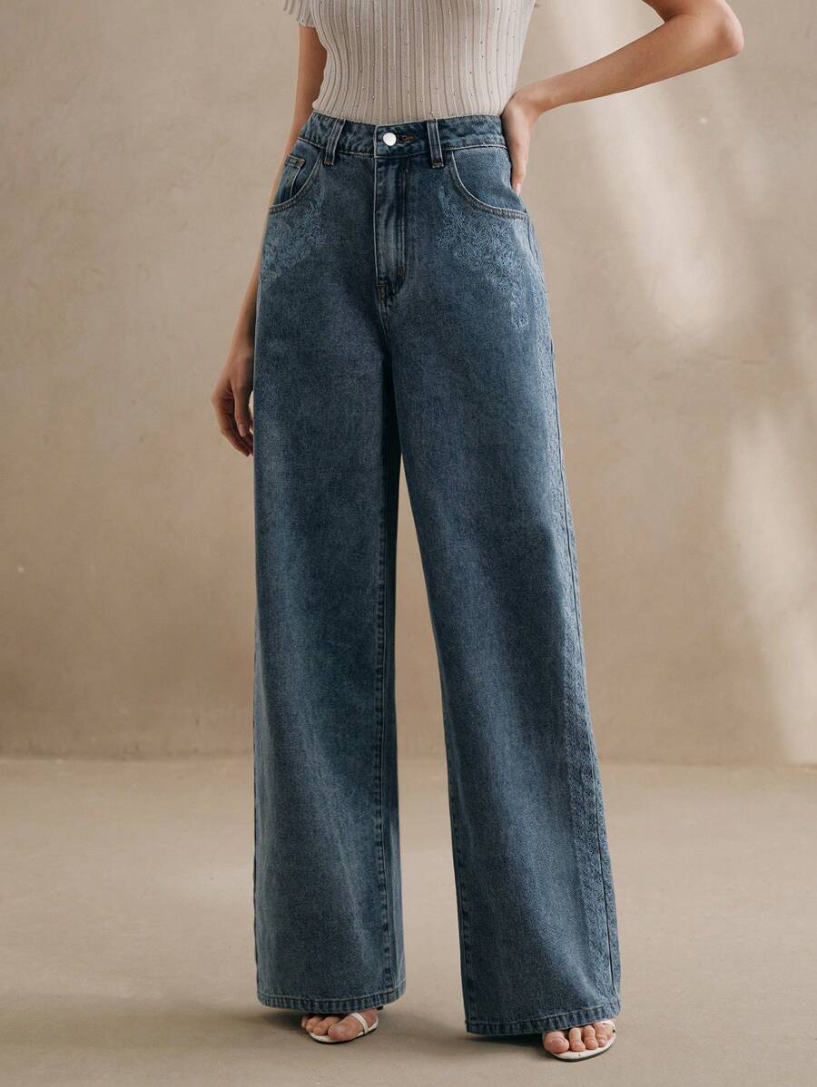 Anewsta Women's New Fashionable Elegant Unique Embroidered Design Straight Leg Jeans, Suitable For Valentine's Day, Mother's Day, Party, Blue - Blue - View 1