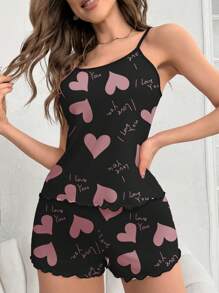 2pcs Heart & Letter Print Ruffle Strap Camisole And Shorts Pajama Set - Black - View 5